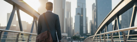 Imagen de joven profesional mirando zona de edificios de grandes empresas