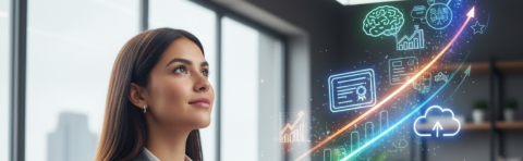 Joven profesional optimizando su desarrollo profesional con up-skilling y re-skilling. Talento joven digital usando una tablet, símbolos de habilidades y orientación laboral flotando. Concepto de primer empleo y crecimiento.